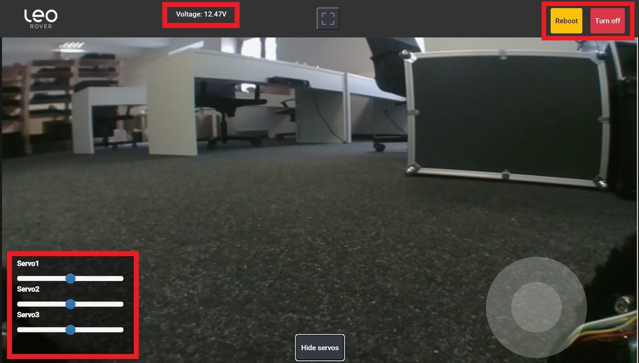 Leo Rover&rsquo;s UI displaying the battery voltage, the reboot and turn off buttons, and servo sliders